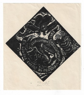 Pavel Veres - Xilogravura, Ex Libris Cita di Pescara, D&amp;#039;Anunnzio, semnat, 1988 foto