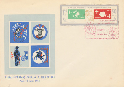 1964 Ziua Internationala a Filateliei, plic stampila speciala Expozitia PHILATEC foto