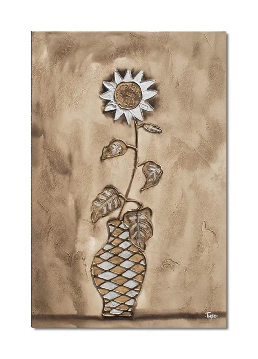 Tablou stilizat pictat manual, Floarea soarelui, 90x60cm ulei pe panza in relief efect 3D