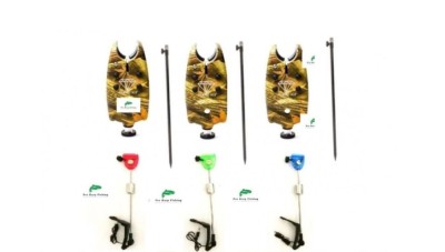 Set 3 senzori /avertizori pescuit, baterii 9v cu 3 swingere cu led si 3 picheti foto