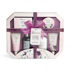 Set gel de dus, lotiune de corp, exfoliant, sapun si sare de baie Country Flowers, IDC Institute 990196, 760 ml