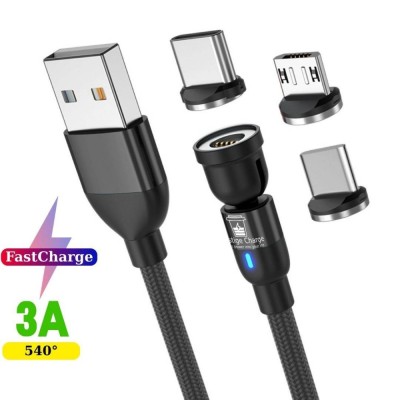 Cablu Date si Incarcare Rapida PRESTIGE CHARGE&amp;reg;, 3 in 1, USB la Type C, Lightning, Micro-USB, Cap Magnetic, Rotire 180-360 grade, Compatibil SuperFast foto