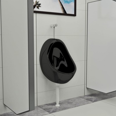 vidaXL Pisoar de perete cu supapă pentru spălare, negru, ceramică foto
