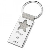 Breloc metalic gravat personalizat cu poza si textul tau. stea. 45x25 mm. argintiu