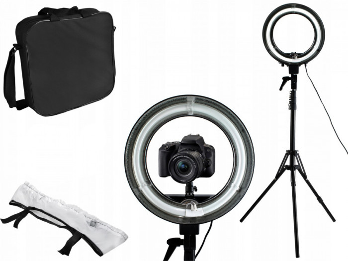 Set Foto Lampa Circulara 5600K + Trepied cu Inaltime Reglabila si sistem prindere pentru suport telefon sau camera video