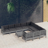 Set mobilier gradina cu perne, 11 piese, gri, lemn de pin