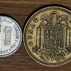 Spania -set de colectie- doua bijuterii de monede 1 peseta 1977 + 1990 f f mica!