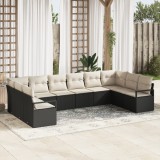 Set Canapea vidaXL cu 10 Piese cu Perne Negru Ratan Polimer, Set Canapea vidaXL cu 2 Locuri cu Perne Negru Ratan Polimer