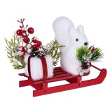 Decoratiune de Craciun, Sanie, Lemn, Veverita din Spuma, 17cm, Rosu/Alb, Oem