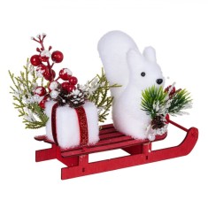 Decoratiune de Craciun, Sanie, Lemn, Veverita din Spuma, 17cm, Rosu/Alb