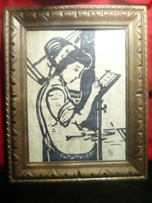 Tablou - Tanara lucrand la gherghef - Tus -semnat GP ,dim.= 23x30cm