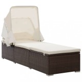 Șezlong vidaXL cu Copertină Pliabilă, Pernă Grosă, Poliratan Maro, Cadru Oțel, 195cm, Mobilier Grădină, Rezistent Uzură, Confortabil