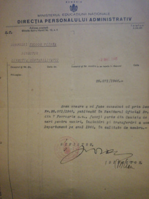 1946 Adresa semnată Ștefan Voitec, Ministrul Educ. Naționale, Guvernul Groza foto