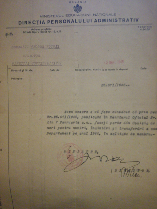 1946 Adresa semnată Ștefan Voitec, Ministrul Educ. Naționale, Guvernul Groza