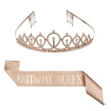 Set Accesorii Petrecere, Tiara și Panglică, &quot;Birthday Queen&quot;, Roz Auriu, 2 Bucăți, Oem