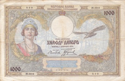 IUGOSLAVIA 1.000 dinara 1931 VF!!! foto