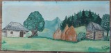 Pictura peisaj rural romanesc traditional montan &ndash; semnat Pleian, anii &rsquo;60, 62 &times; 29 cm