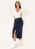 Fusta albastru inchis de denim cu slit frontal P215 M10, 34, 36, 38, 40, 42, 44