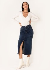 Fusta albastru inchis de denim cu slit frontal P215 M10