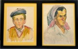Set 2 Tablouri 1965 Portrete Femeie cu Basma și Băiat cu Bască albastră, picturi &icirc;n acuarele, inramate 40x50cm