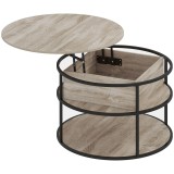 HOMCOM Masă de cafea rotundă cu blat rabatabil, spațiu de depozitare, rafturi laterale, cadru din oțel, masă de cafea, Stejar | Aosom Romania