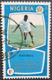 Nigeria &ndash; Marcă 1/- &bdquo;10 Years of Independence &ndash; Football&rdquo;, stare bună, obliterată
