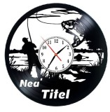 Ceas de Perete Decorativ &ldquo;Big Bass &ndash; Fishing Adventure&rdquo;, din Disc Vinil Reciclat, Formă de Pește, Negru, Mecanism Silențios (Sweep), 30 cm