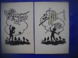 HOPCT LOT 1881 DESEN GRAFICA-COPII-2 CARTI POSTALE OSTARA -NECIRCULATA, Printata
