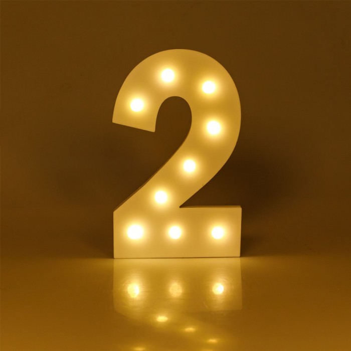 Decorațiune Lemn, Număr 2, Becuri LED, Alb, 18x2x30cm