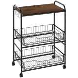 HOMCOM Cărucior Auxiliar cu Roți de 3 Nivele Cărucior de Bucătărie cu 2 Coșuri și 4 C&acirc;rlige 60x38x85,5 cm Maro Rustic | Aosom Romania