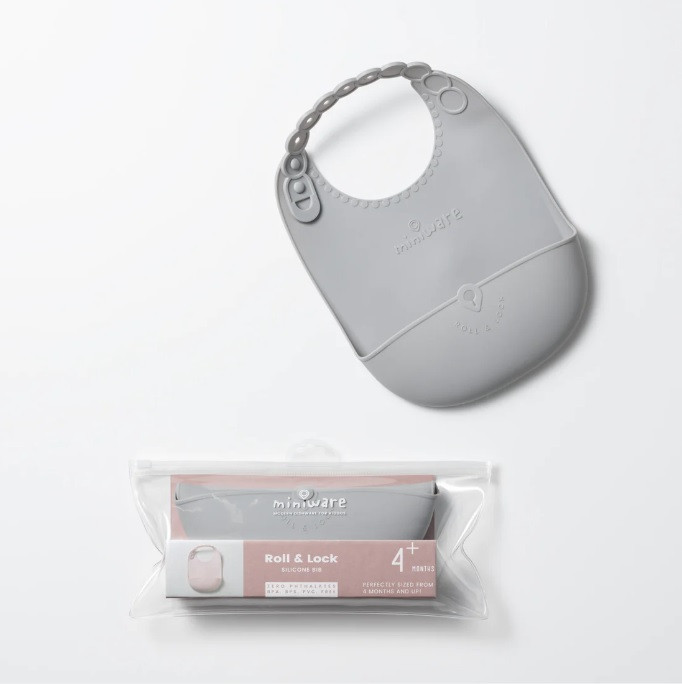 Baveta bebelusi Miniware Roll &amp; Lock, 100% din silicon alimentar, Grey