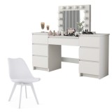 Set masa de toaleta/machiaj Antonia + scaun Mark, alb, cu oglinda si LED-uri, 155x42x135 cm GartenVIP DiyLine