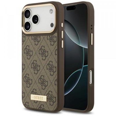 Husa MagSafe pentru Apple iPhone 17 Pro Max, Guess, 4G Logo Plate, Maro foto
