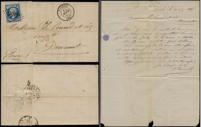 France 1865 Cover + Content Tarbes to Drucourt - Railroad cancel D.623
