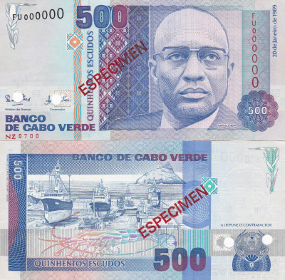 Capul Verde Cape Verde 500 Escudos 1989 Specimen UNC foto