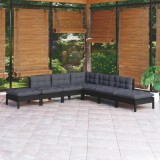 Cumpara ieftin Set mobilier grădină cu perne, 7 piese, negru, lemn de pin