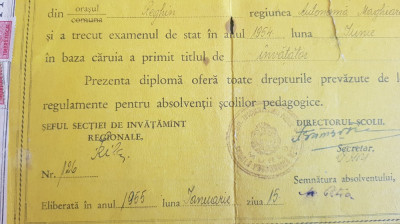 Pentru colectionari, Diploma absolvire scoala pedagogica 1955 foto