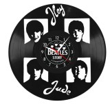 Ceas de perete decorativ &ldquo;The Beatles Story&rdquo;, realizat din disc vinil (Vinyl Record), Handmade, Design Liverpool Legends &amp; Hey Jude