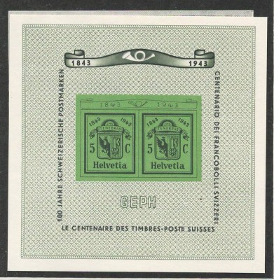 Elvetia 1943 Mi 423 bl 10 MNH - Expozitia de timbre de la Geneva (GEPH) foto