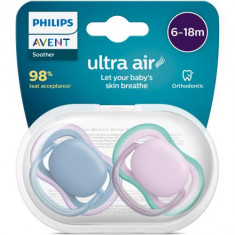 Set 2 suzete Philips-Avent SCF085/34, ultra air pacifier 6-18 luni, Ortodontice, fara BPA, Mov/Albastru