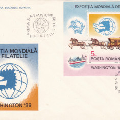 1989 LP 1230 EXPOZITIA MONDIALA DE FILATELIE WASHINTON 89 COLITA/PLIC PRIMA ZI