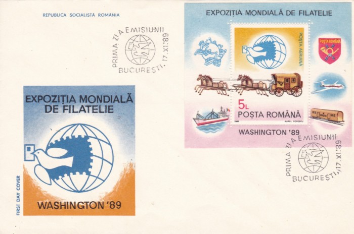 1989 LP 1230 EXPOZITIA MONDIALA DE FILATELIE WASHINTON 89 COLITA/PLIC PRIMA ZI