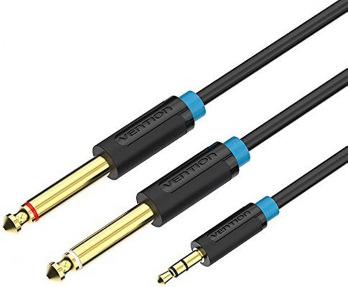 Cablu audio 3m 4mm Jack 3.5 mm 3pin mufa tata - 2x Jack 6.3 mm mufa tata cupru aurit negru PVC VENTION BACBI