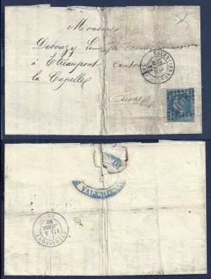 France 1869 Postal History Rare Cover + Content Valenciennes to Etreaupont D.334 foto