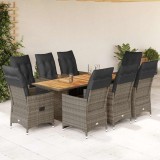 Set bistro de grădină cu perne, 9 piese, gri, poliratan