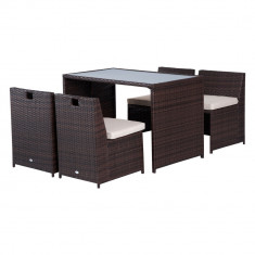 Outsunny Set Mobilier Grădină Ratan 5 Piese, Masă Prânz, 4 Scaune Terasă, Perne Incluse, Maro | Aosom Romania