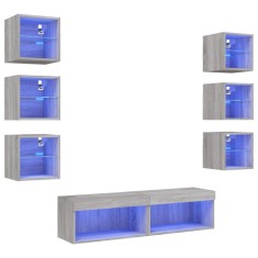 Unitati de perete TV cu LED-uri, 8 piese, gri sonoma, lemn