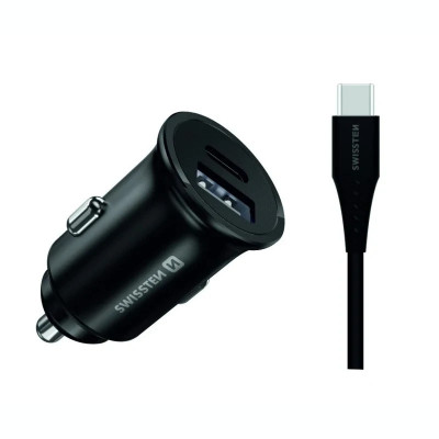 Incarcator Auto Swissten 2xUSB Incarcare Rapida 3.0 25W Negru Cablu Date Type-C to Type-C 1.2m foto