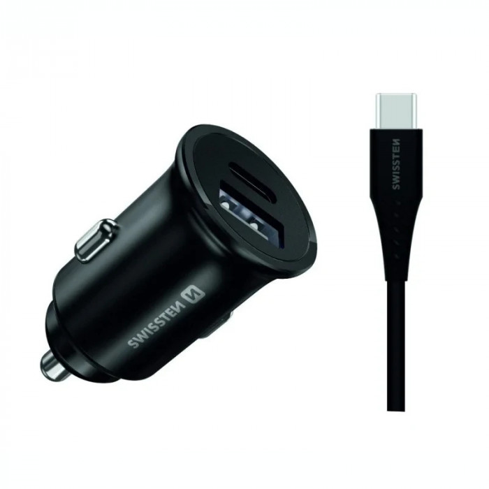 Incarcator Auto Swissten 2xUSB Incarcare Rapida 3.0 25W Negru Cablu Date Type-C to Type-C 1.2m