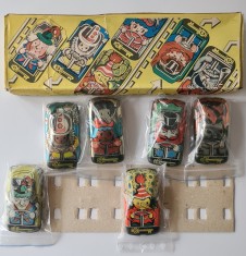 Jucarie veche de colectie, masinute, set complet 6 machete rusesti tabla plastic + cutie originala; URSS, Rusia, USSR, CCCR, anii &#039;80